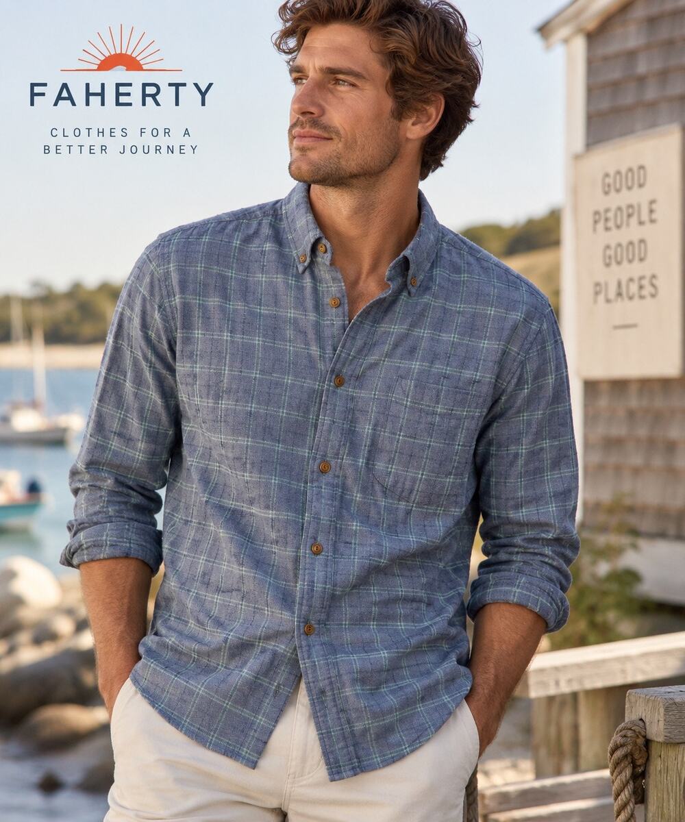 Faherty Ventura Men’s L Indigo Windowpane Plaid Cotton Coastal Button Down Shirt